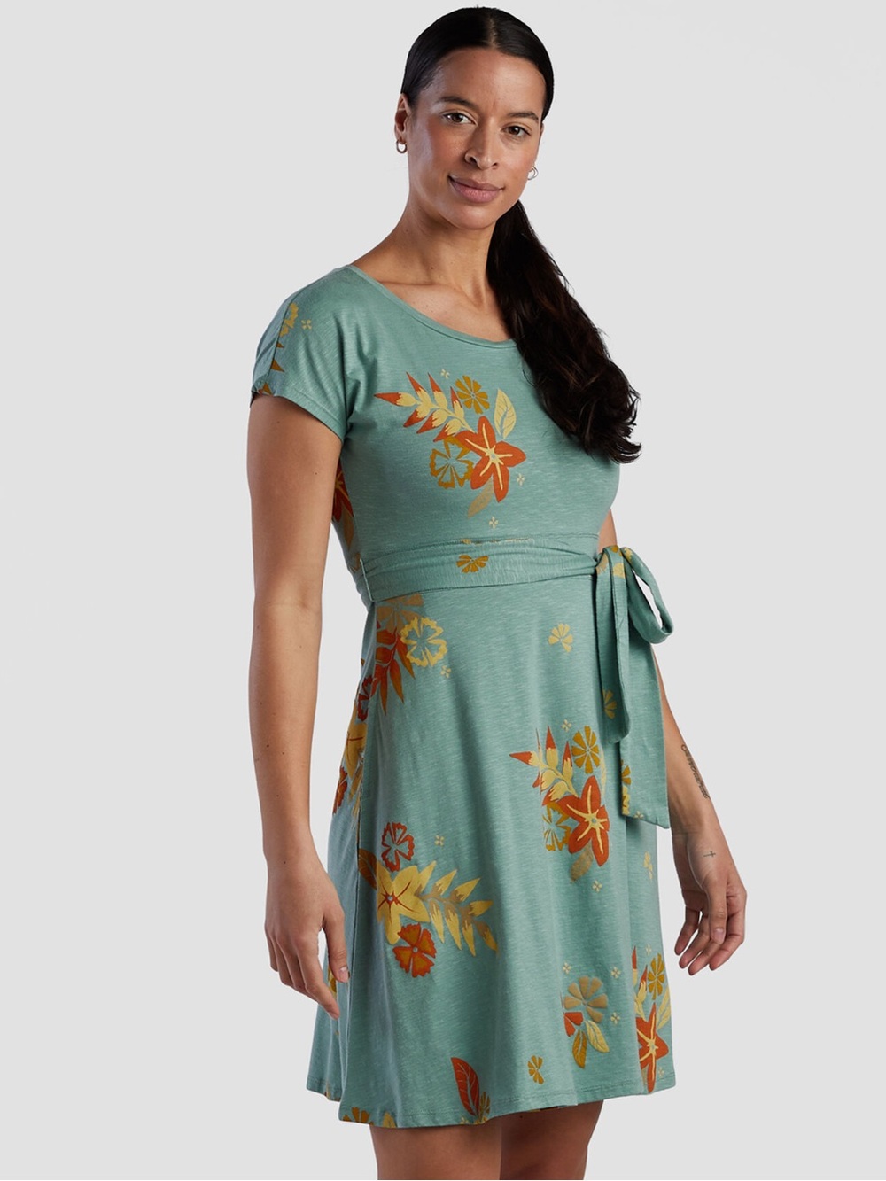 Toad&Co Teal Floral Tie-Waist Mini Dress